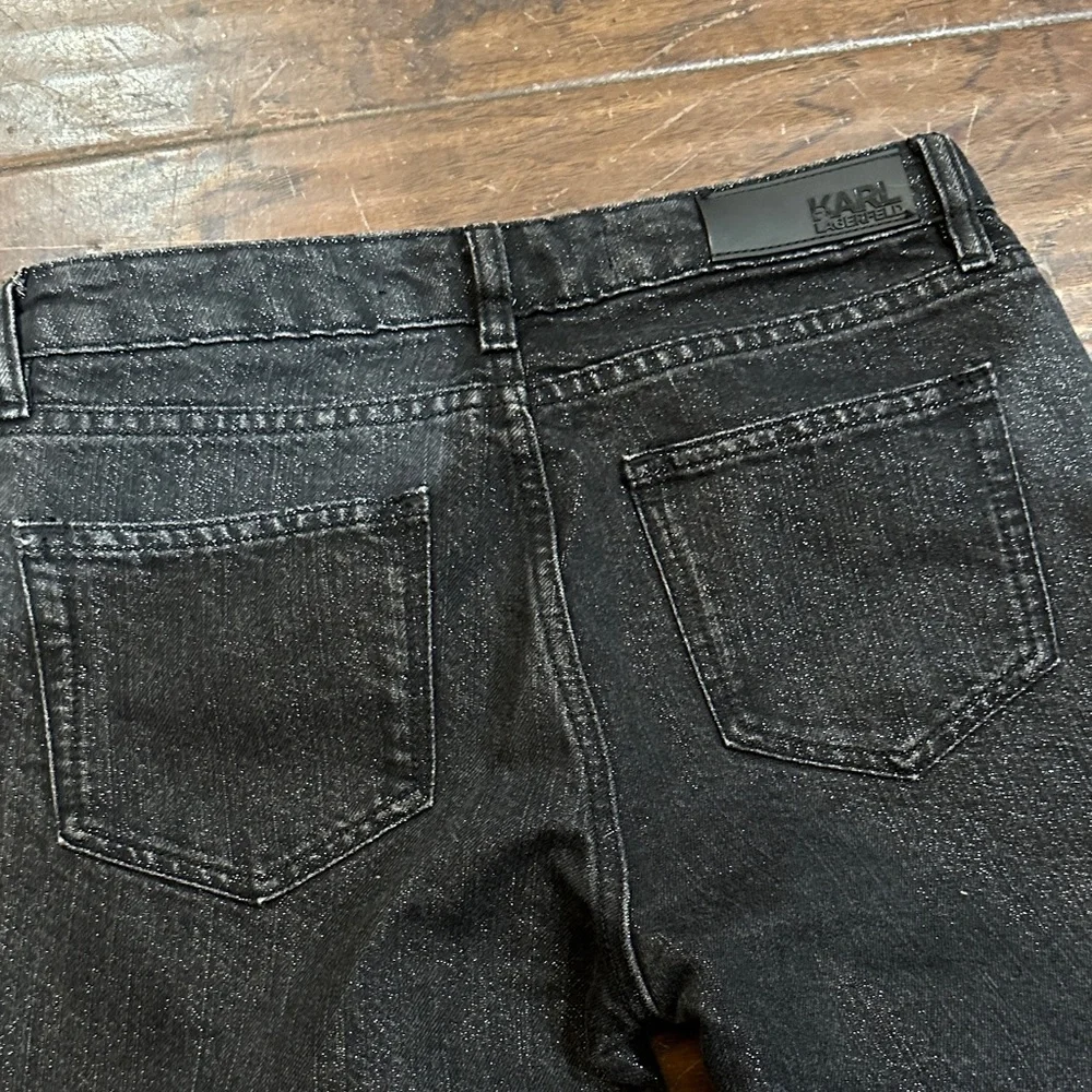 Karl Lagerfeld Black Distressed Skinny Metallic Jeans size 26 Luxury Denim - Picture 7 of 8